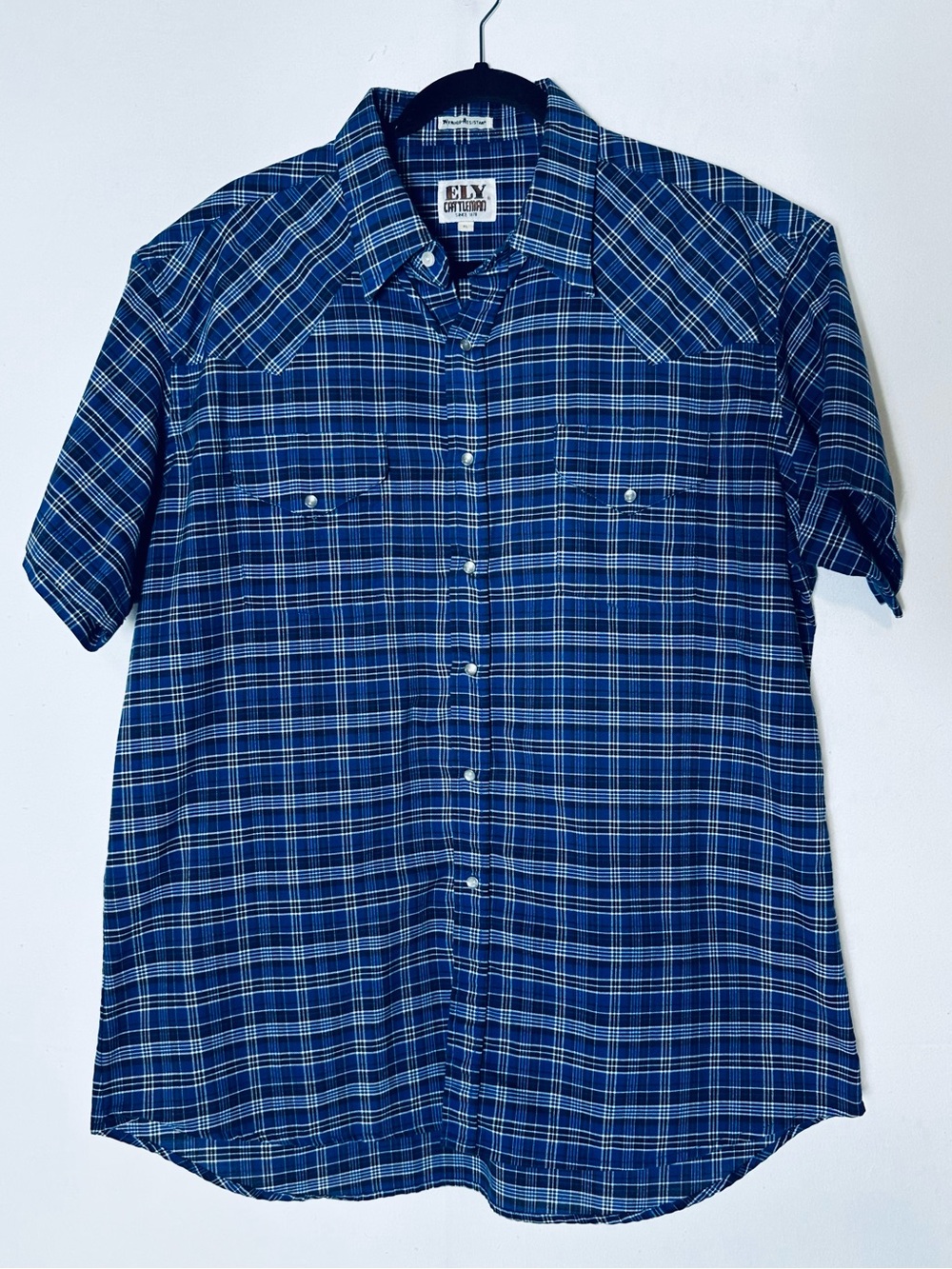 Vintage Ely Cattleman Blue Plaid Western Pearl Snap Short Sleeve Shirt XL